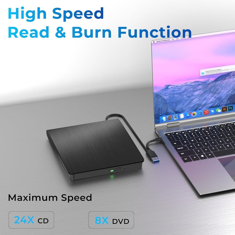 MthsTec External CD/DVD Drive, USB 3.0 & Type-C CD/DVD Disc Reader Writer, CD ROM +/-RW External CD Player, Portable CD Burner for Laptop Desktop PC Mac Windows Linux (Black) - Image 2